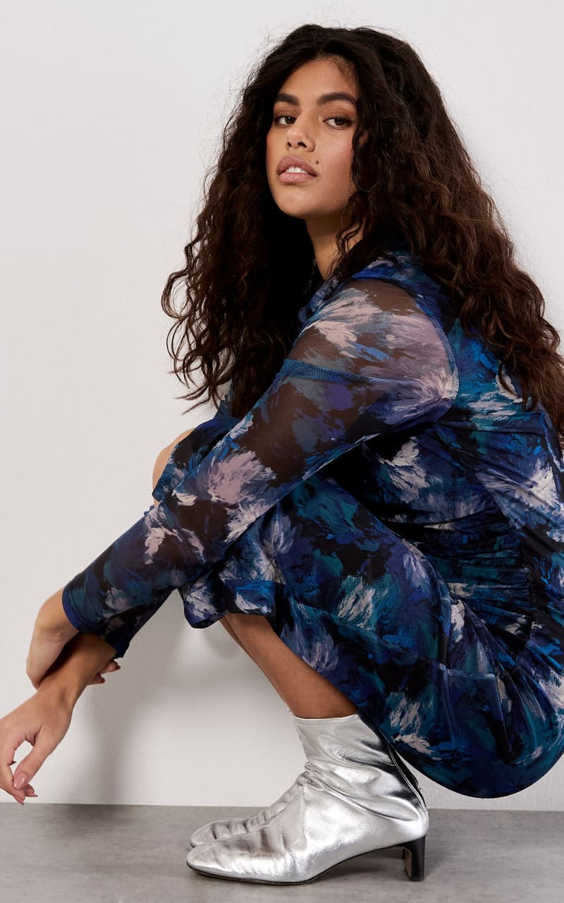 Apricot - Floral Mesh Midi Dress in Teal - DRESS