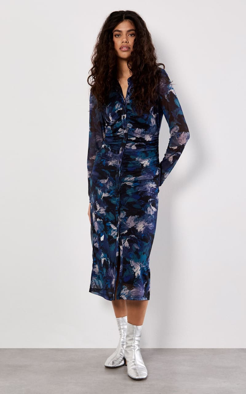 Apricot - Floral Mesh Midi Dress in Teal - DRESS