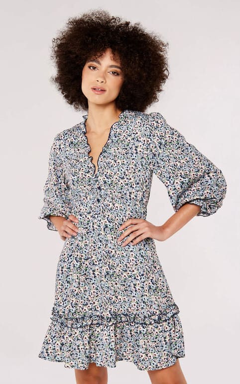 Apricot- Floral V-neck Frill Dress - dress