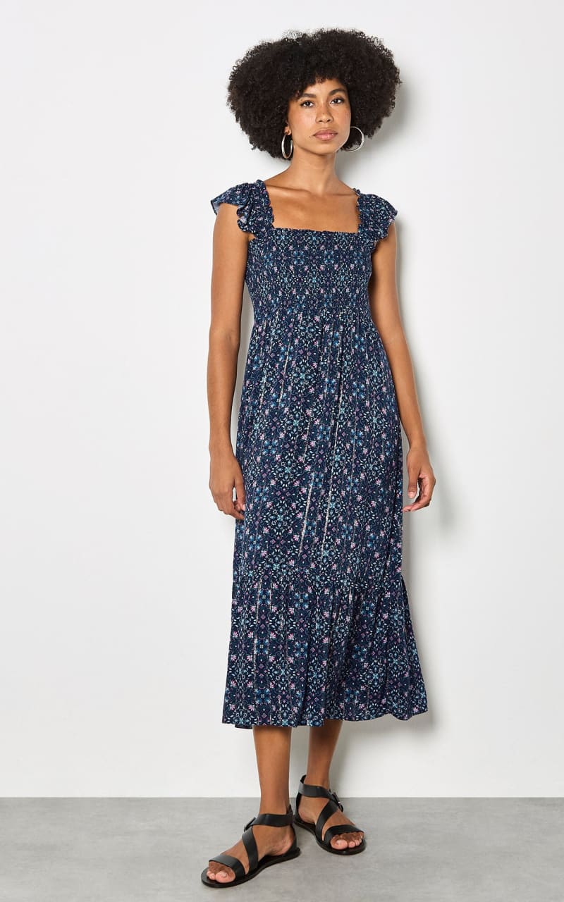 Apricot- Folk Floral Metallic Midi Dress in Navy - DRESS