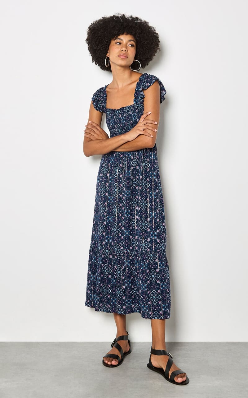 Apricot- Folk Floral Metallic Midi Dress in Navy - DRESS