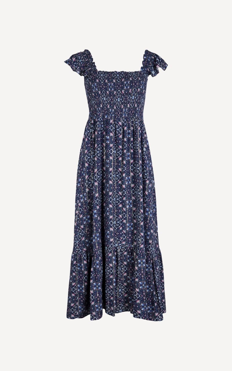 Apricot- Folk Floral Metallic Midi Dress in Navy - DRESS