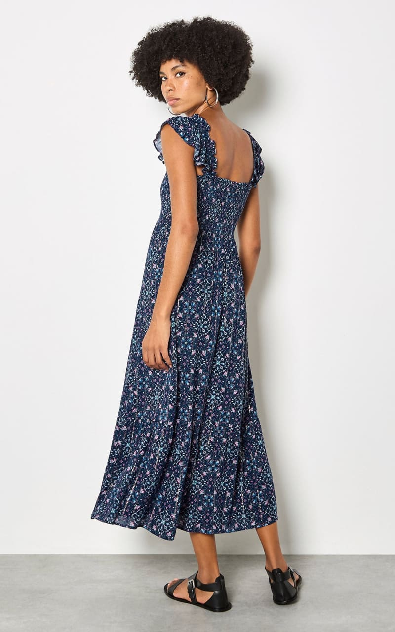 Apricot- Folk Floral Metallic Midi Dress in Navy - DRESS