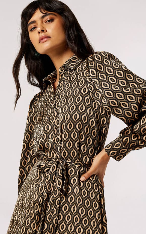 Apricot- Geometric Satin Shirt Midi Dress - dress