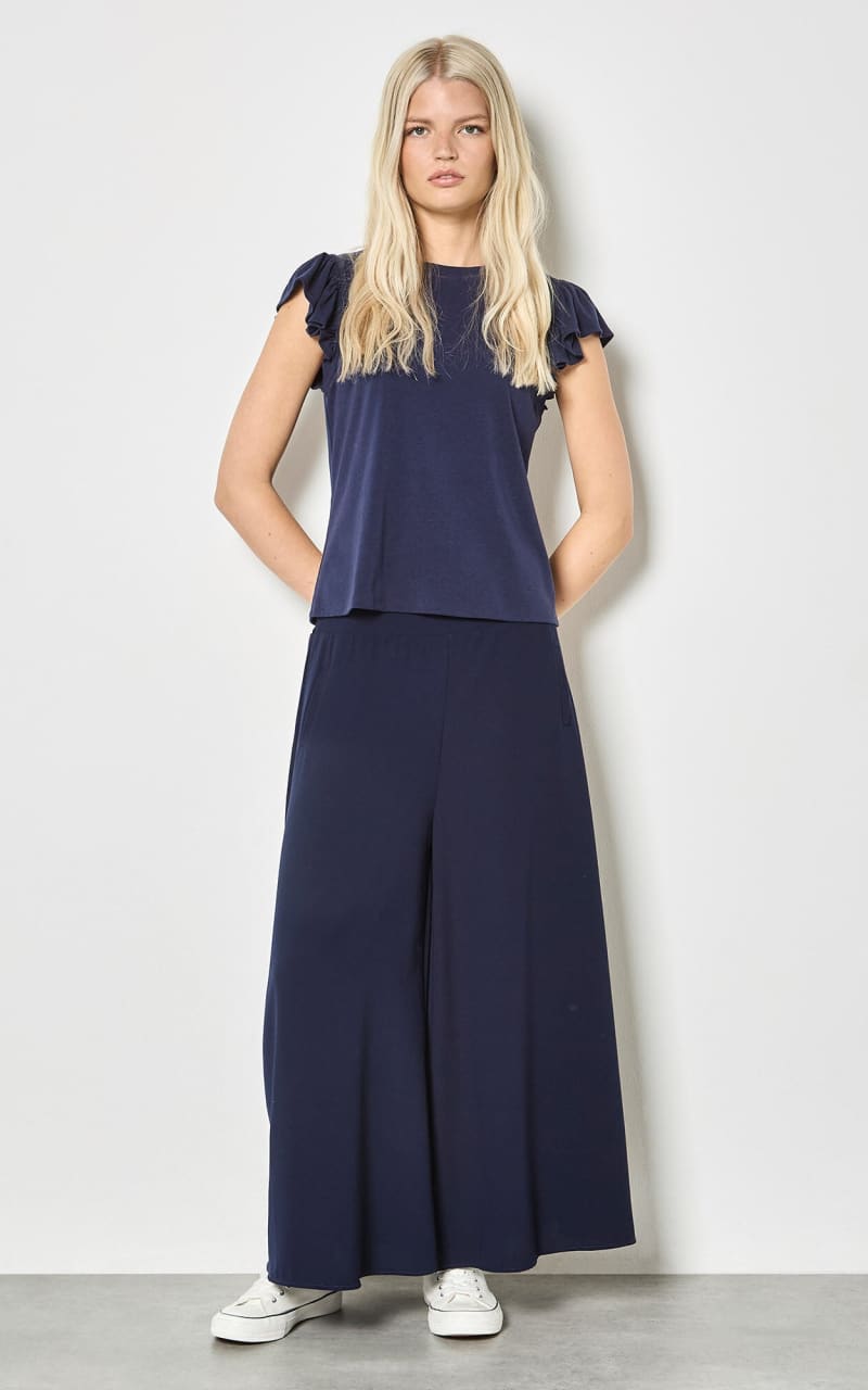 Apricot- Jersey Knit Ruffle T-Shirt in Navy - Blouses & Tops