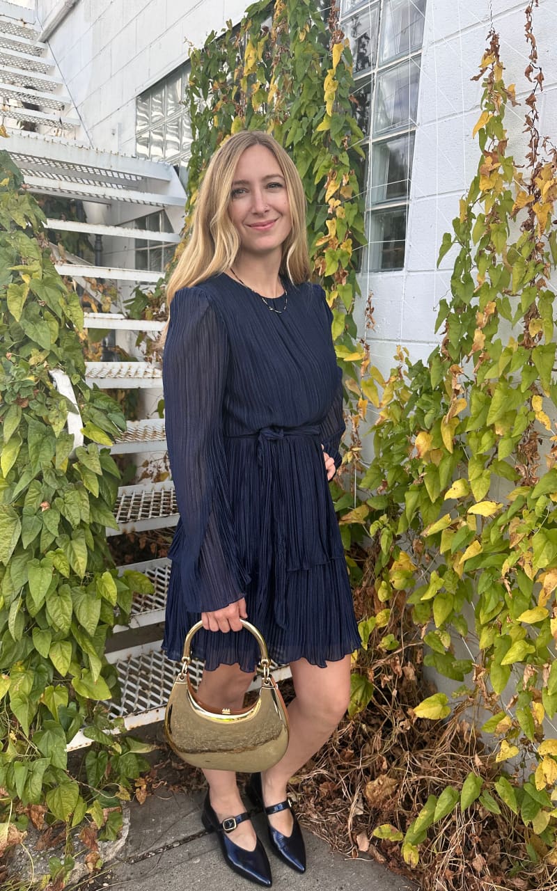 Apricot- Lurex Plisse Layer Dress in Navy - DRESS