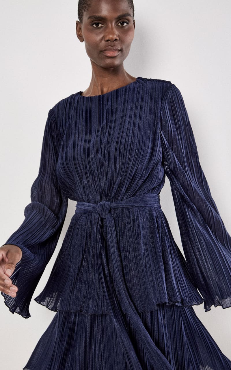 Apricot- Lurex Plisse Layer Dress in Navy - DRESS