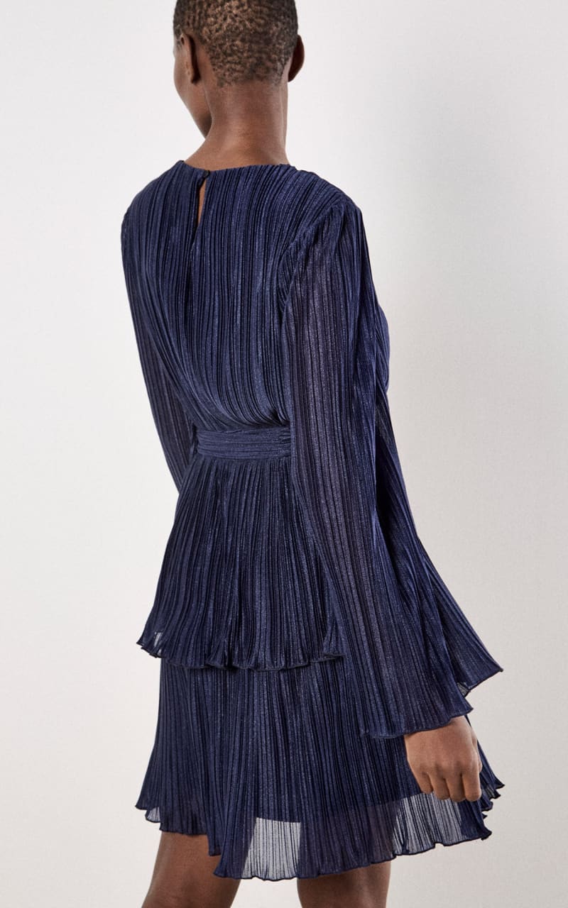 Apricot- Lurex Plisse Layer Dress in Navy - DRESS