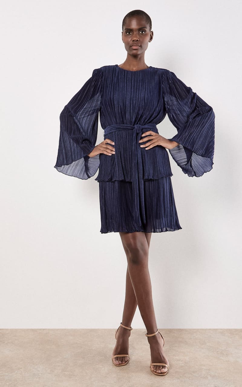 Apricot- Lurex Plisse Layer Dress in Navy - DRESS