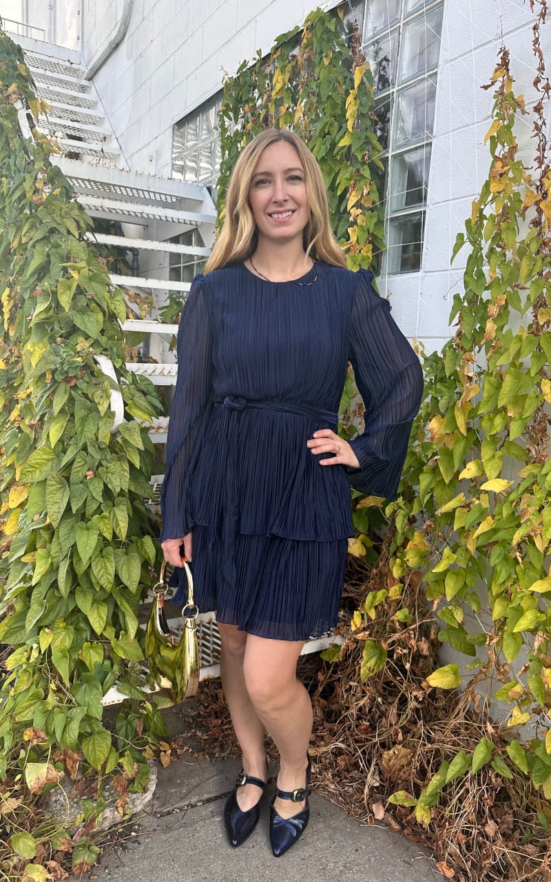 Apricot- Lurex Plisse Layer Dress in Navy - DRESS