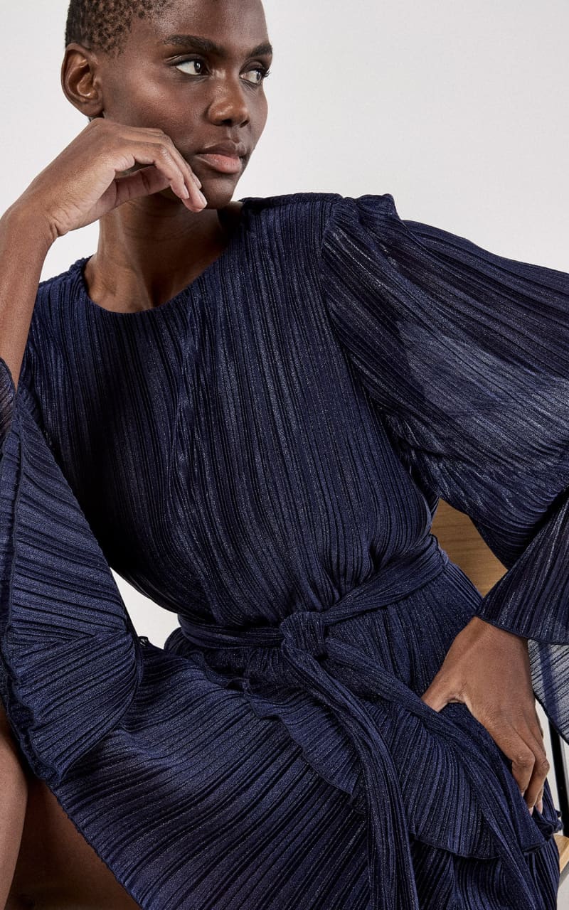 Apricot- Lurex Plisse Layer Dress in Navy - DRESS