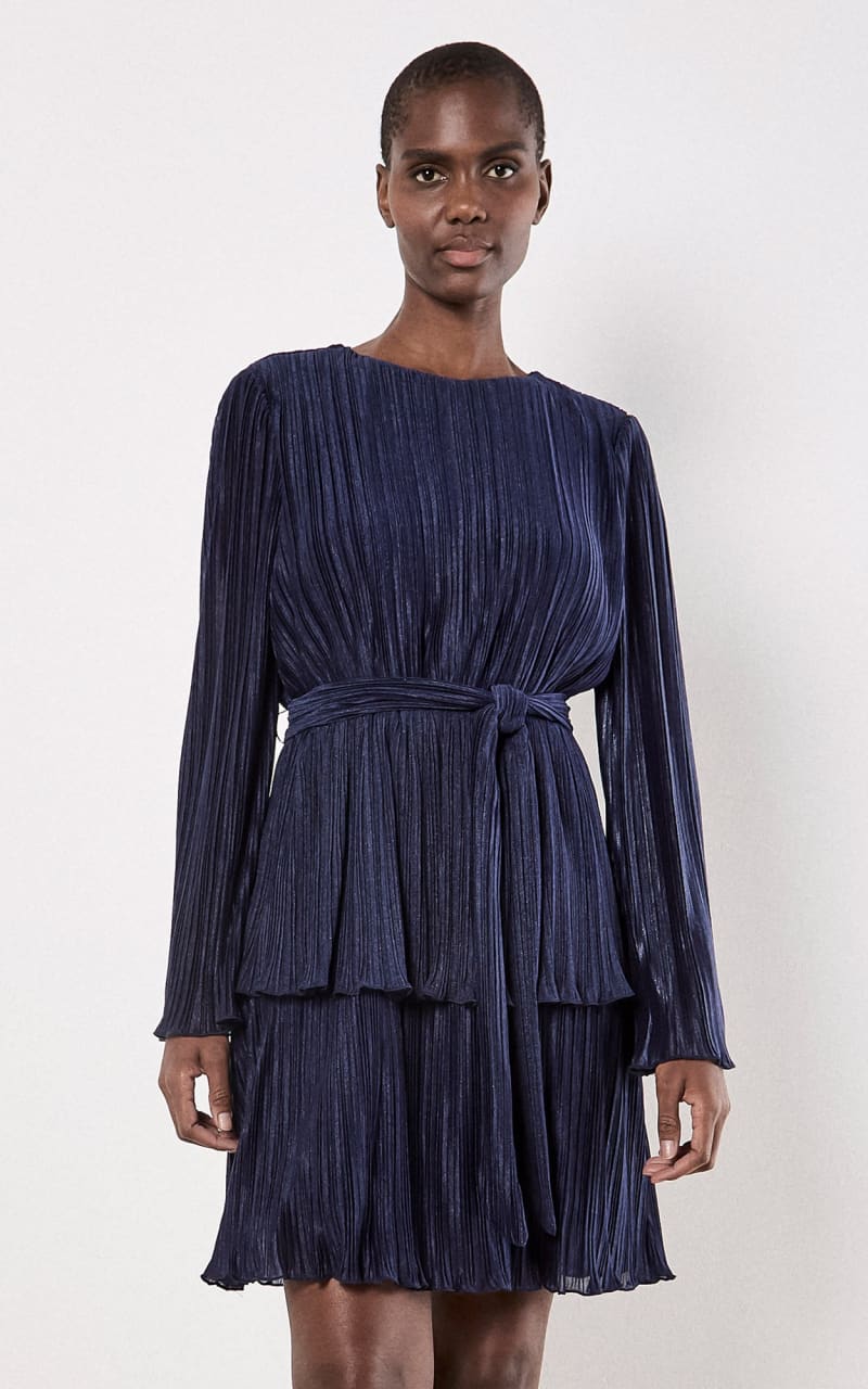 Apricot- Lurex Plisse Layer Dress in Navy - DRESS