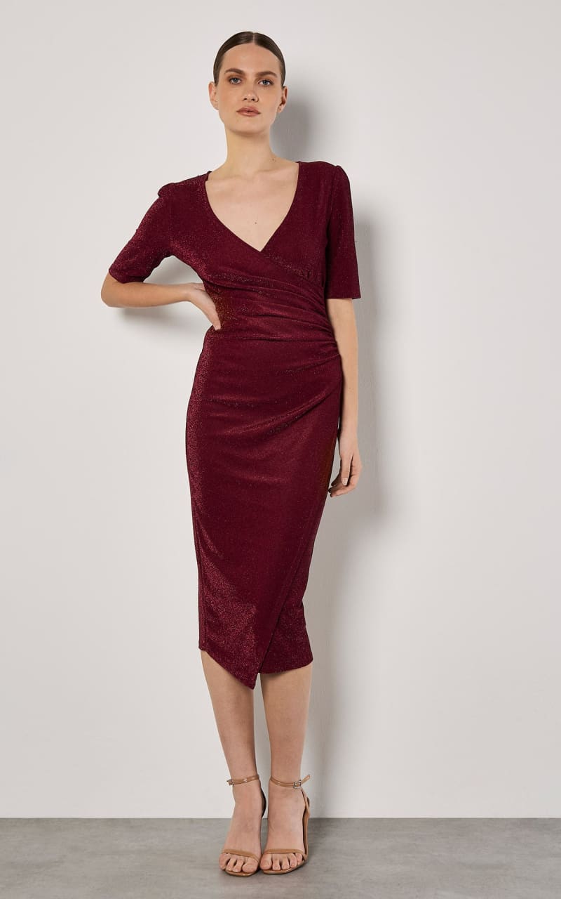 Apricot- Metallic Wrap Ruched Midi Dress in Burgundy - DRESS