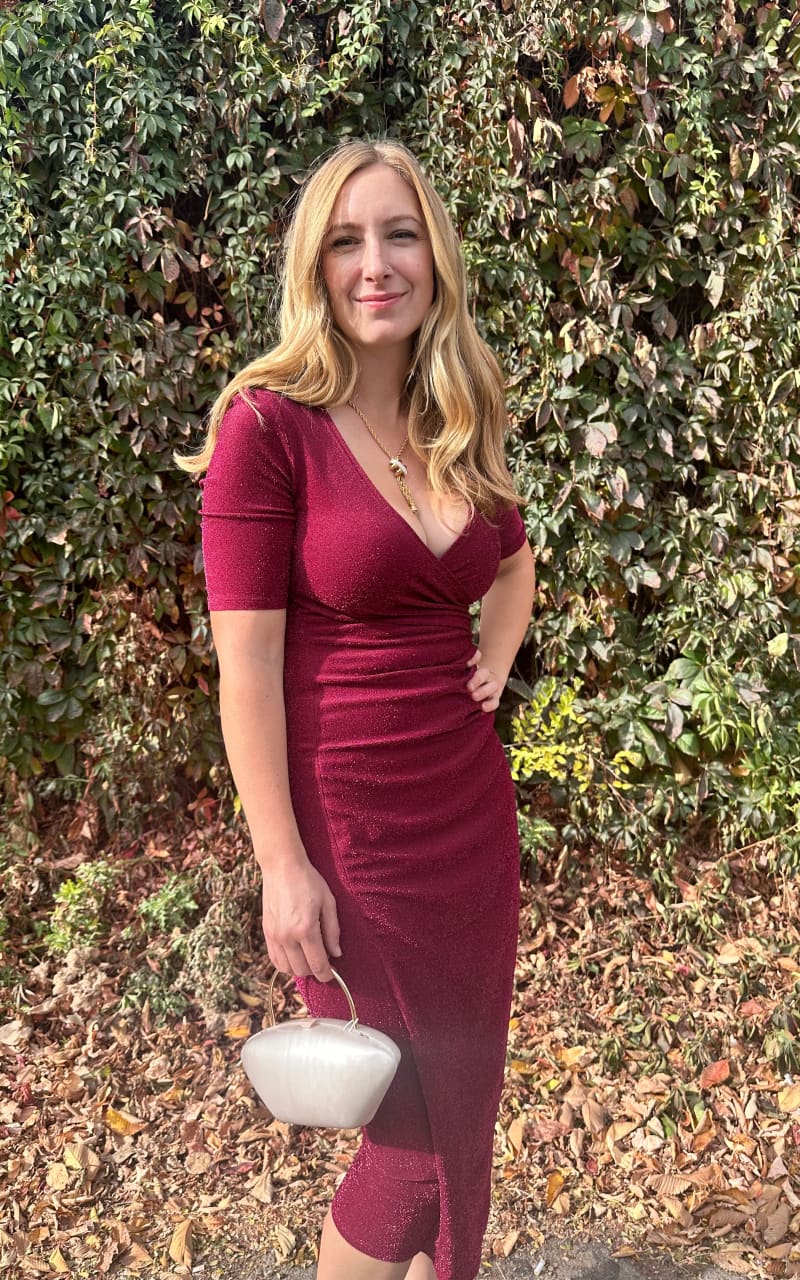 Apricot- Metallic Wrap Ruched Midi Dress in Burgundy - DRESS
