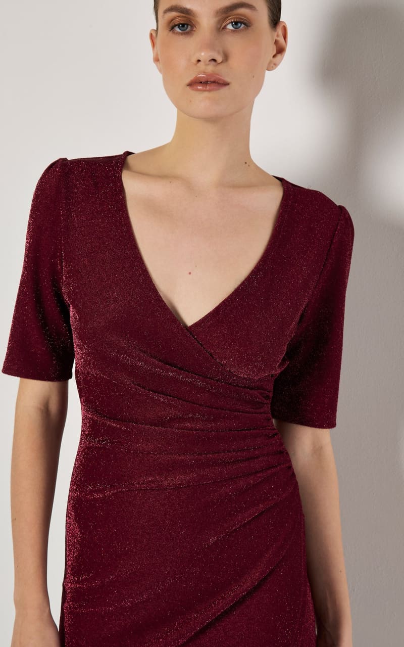Apricot- Metallic Wrap Ruched Midi Dress in Burgundy - DRESS