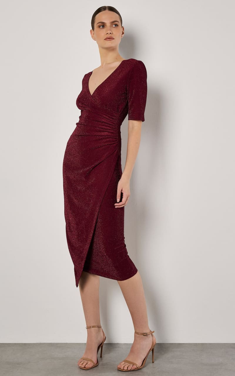Apricot- Metallic Wrap Ruched Midi Dress in Burgundy - DRESS