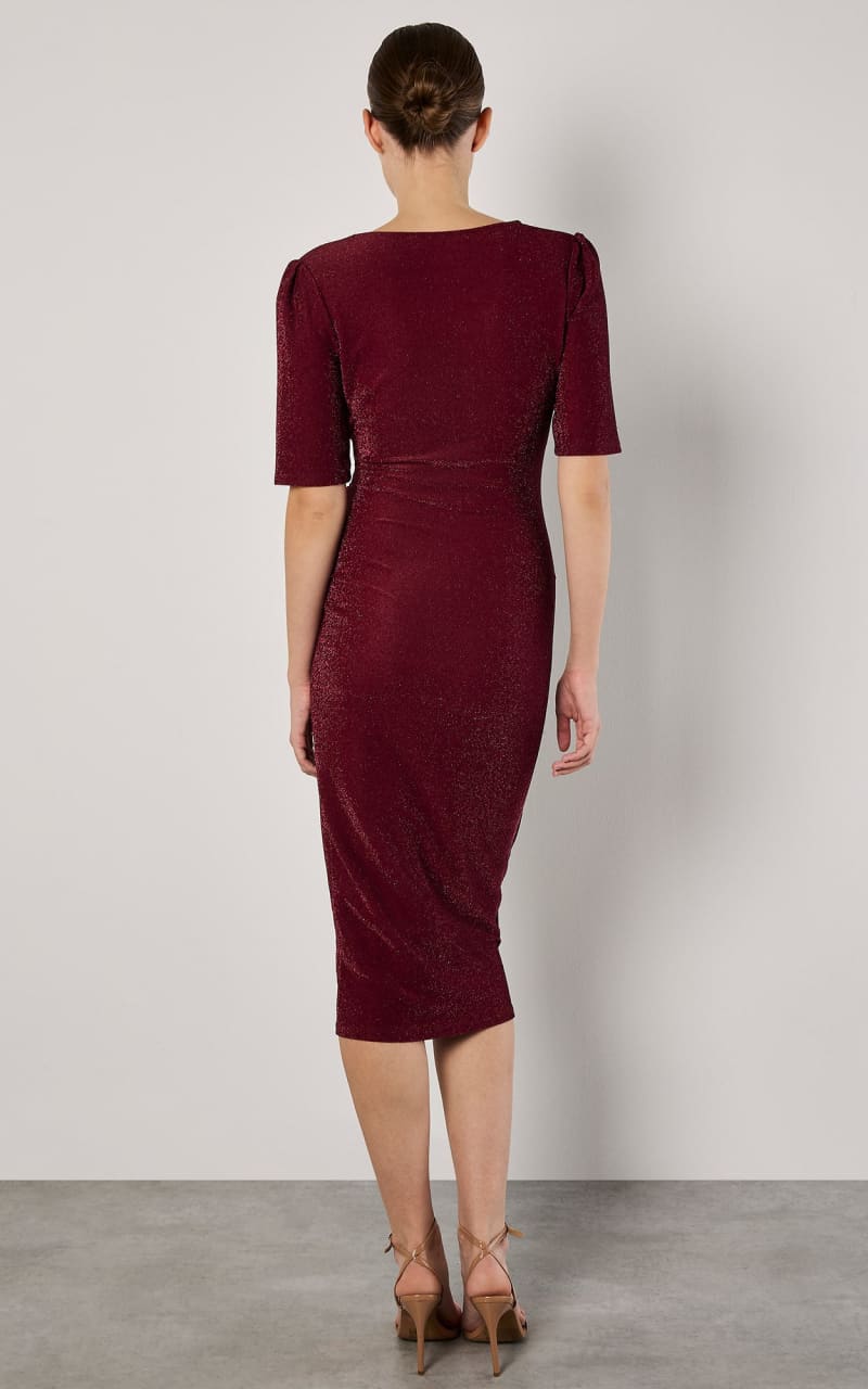 Apricot- Metallic Wrap Ruched Midi Dress in Burgundy - DRESS