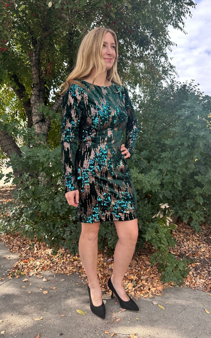 Apricot- Mixed Sequin Bodycon Mini Dress in Green - DRESS