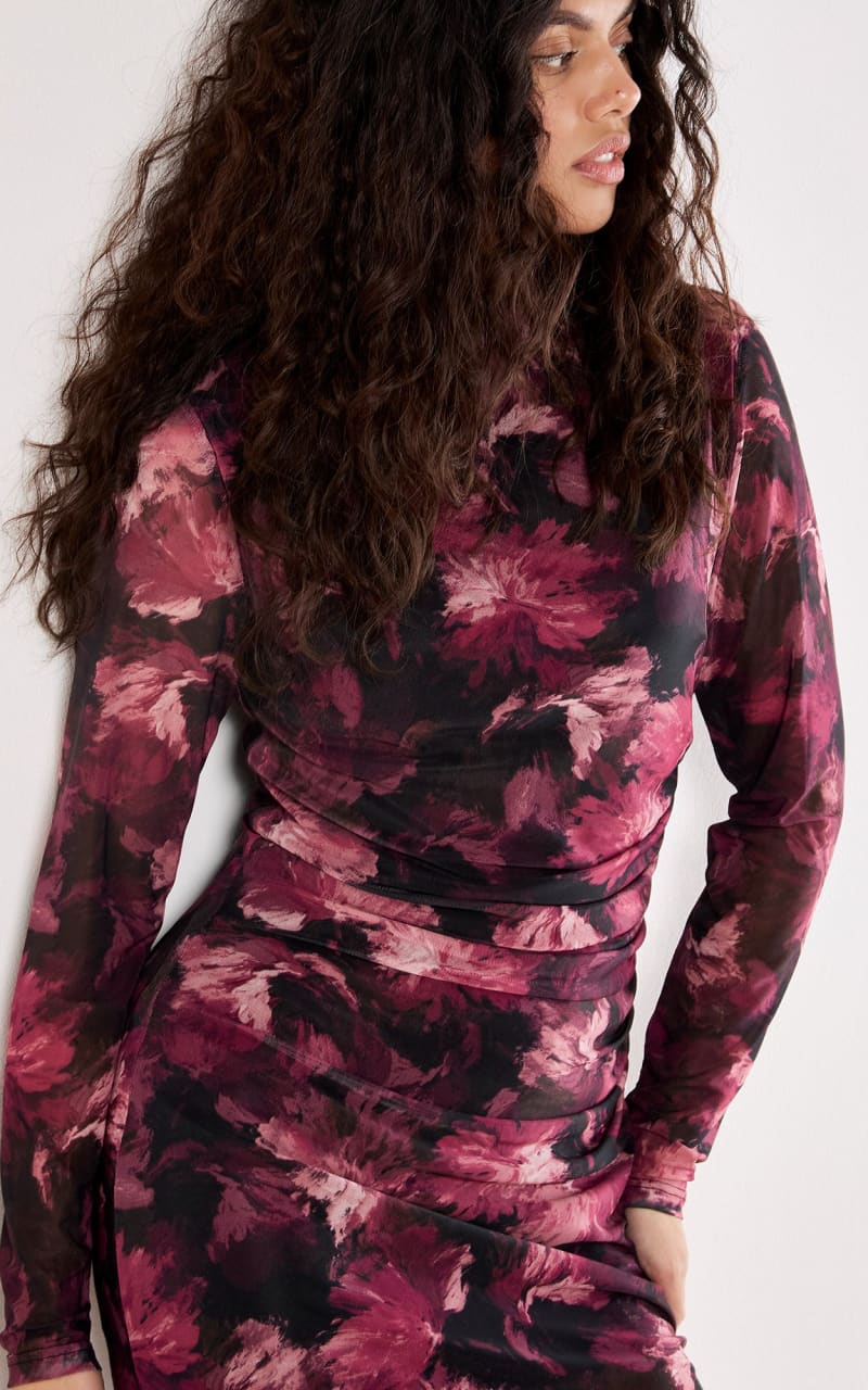 Apricot - Paintbrush Floral Mesh Midi Dress in Black - DRESS