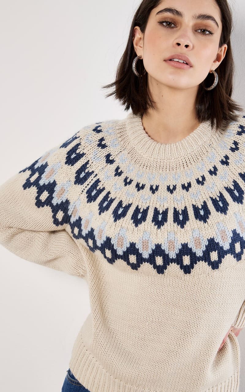 Apricot- Pairisle Crew Neck Jumper in Stone - SWEATER &