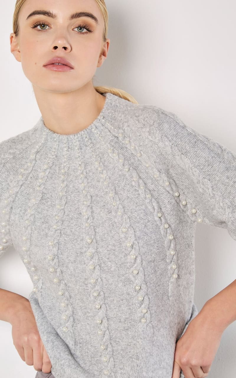 Apricot - Pearl Embellished Cable Knit Sweater - SWEATER