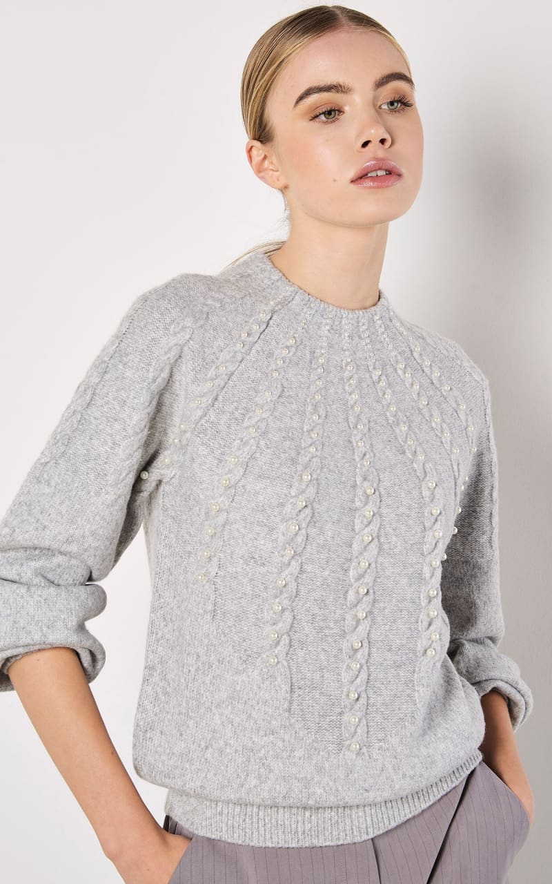 Apricot - Pearl Embellished Cable Knit Sweater - SWEATER