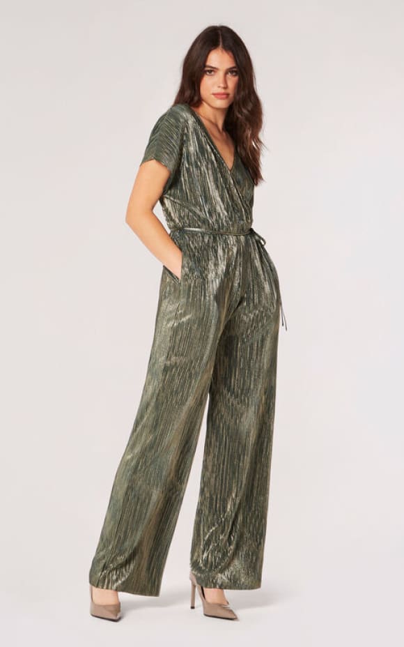 Apricot- Plisse Metallic Jumpsuit - Jumpsuits & Rompers