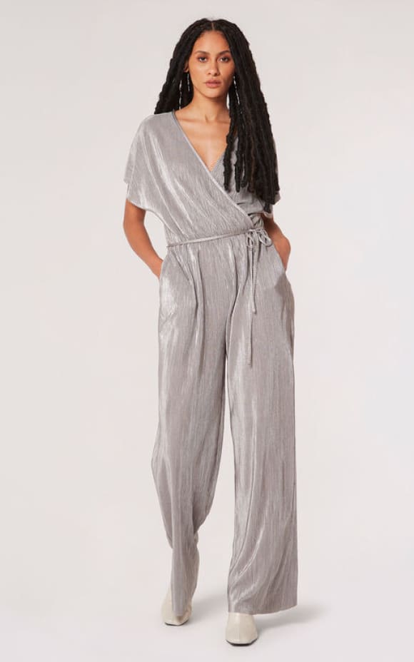 Apricot- Plisse Metallic Jumpsuit - Jumpsuits & Rompers