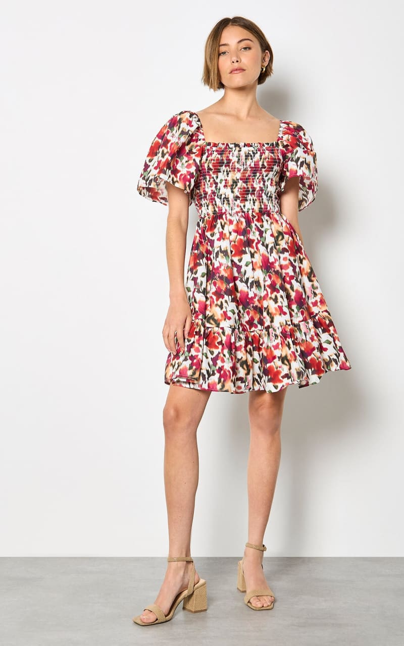 Apricot- Pure Cotton Blurred Ikat Mini Dress in Pink - DRESS