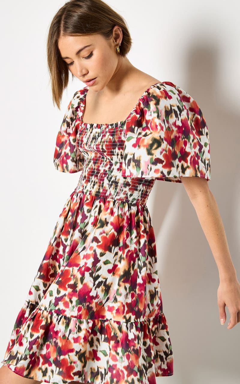 Apricot- Pure Cotton Blurred Ikat Mini Dress in Pink - DRESS