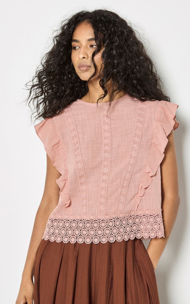 Apricot- Ruffle Embroidered Cotton Top in Pink - Blouses &