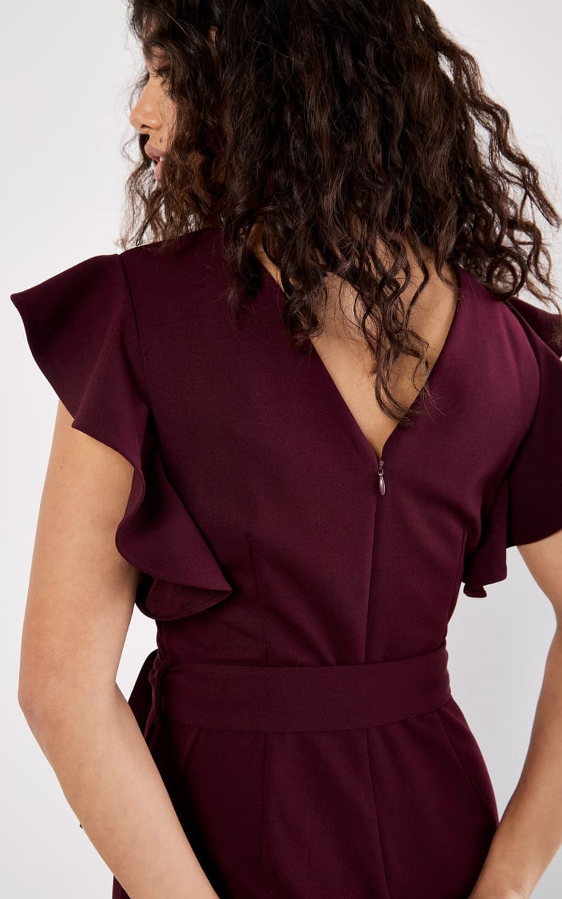 Apricot Ruffle Sleeve Jersey Jumpsuit in Burgundy Jumpsuits