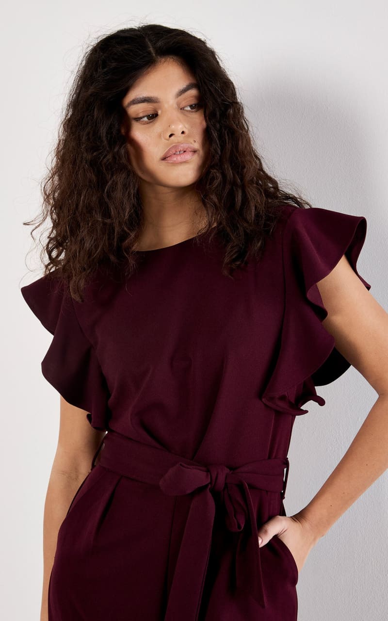 Apricot Ruffle Sleeve Jersey Jumpsuit in Burgundy Jumpsuits