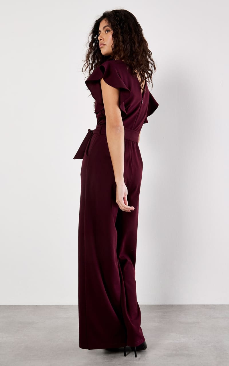 Apricot Ruffle Sleeve Jersey Jumpsuit in Burgundy Jumpsuits
