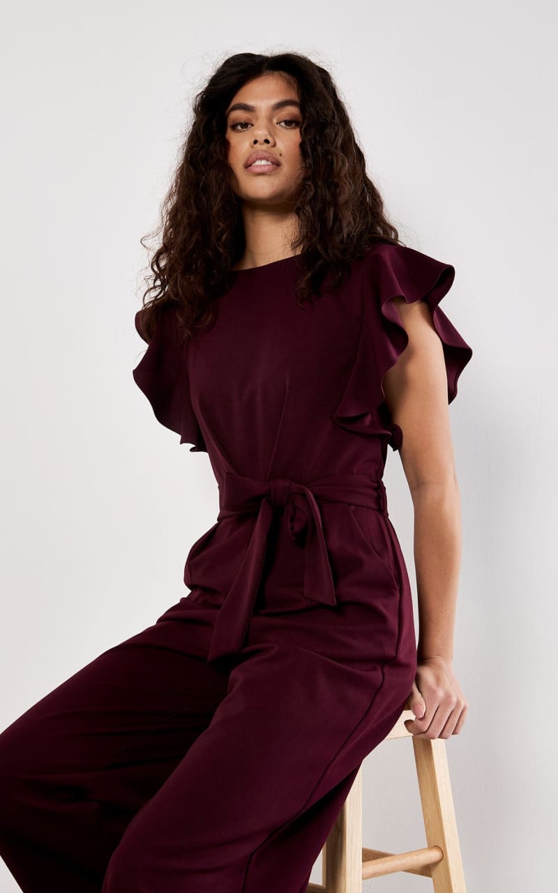 Apricot Ruffle Sleeve Jersey Jumpsuit in Burgundy Jumpsuits