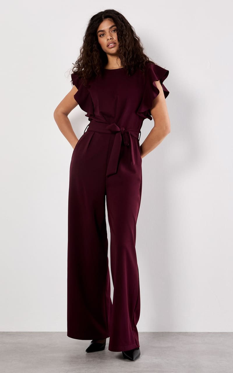 Apricot Ruffle Sleeve Jersey Jumpsuit in Burgundy Jumpsuits