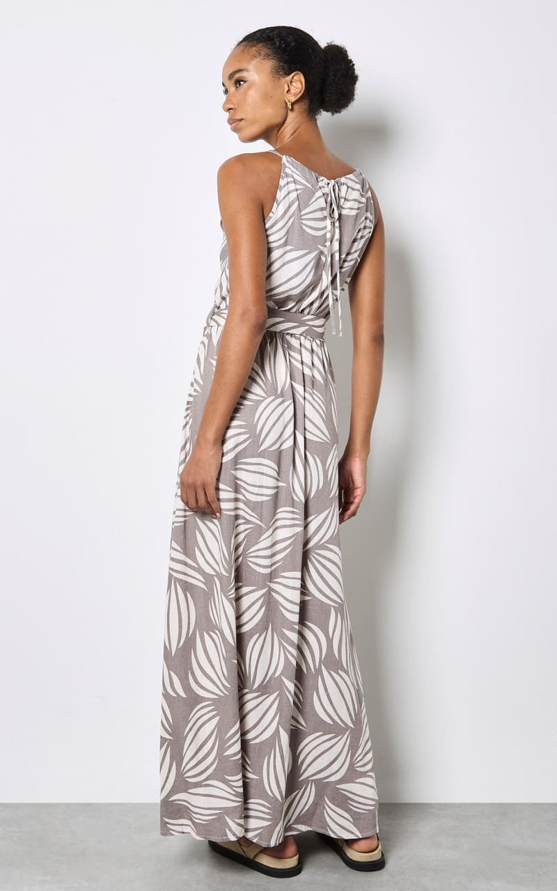 Apricot- Shell Print High Neck Maxi Dress in Stone - DRESS