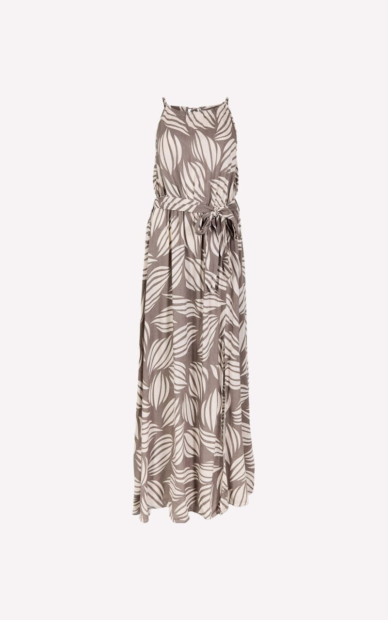 Apricot- Shell Print High Neck Maxi Dress in Stone - DRESS