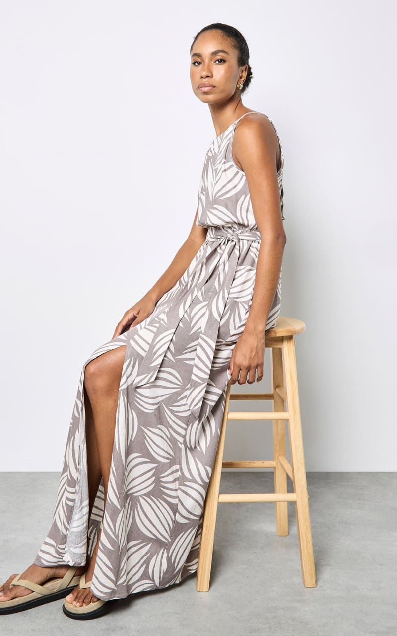 Apricot- Shell Print High Neck Maxi Dress in Stone - DRESS