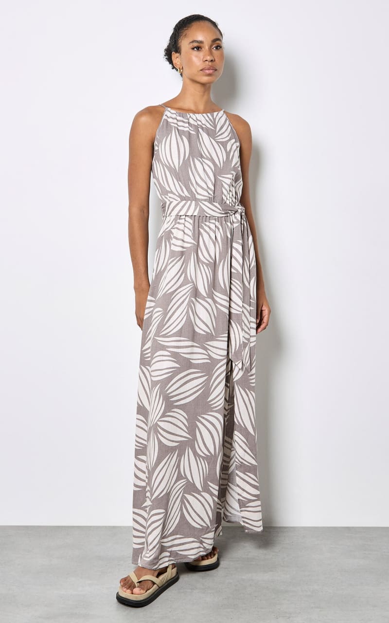 Apricot- Shell Print High Neck Maxi Dress in Stone - DRESS