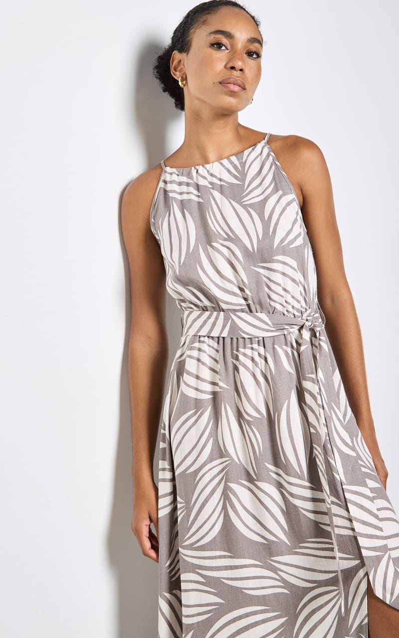 Apricot- Shell Print High Neck Maxi Dress in Stone - DRESS