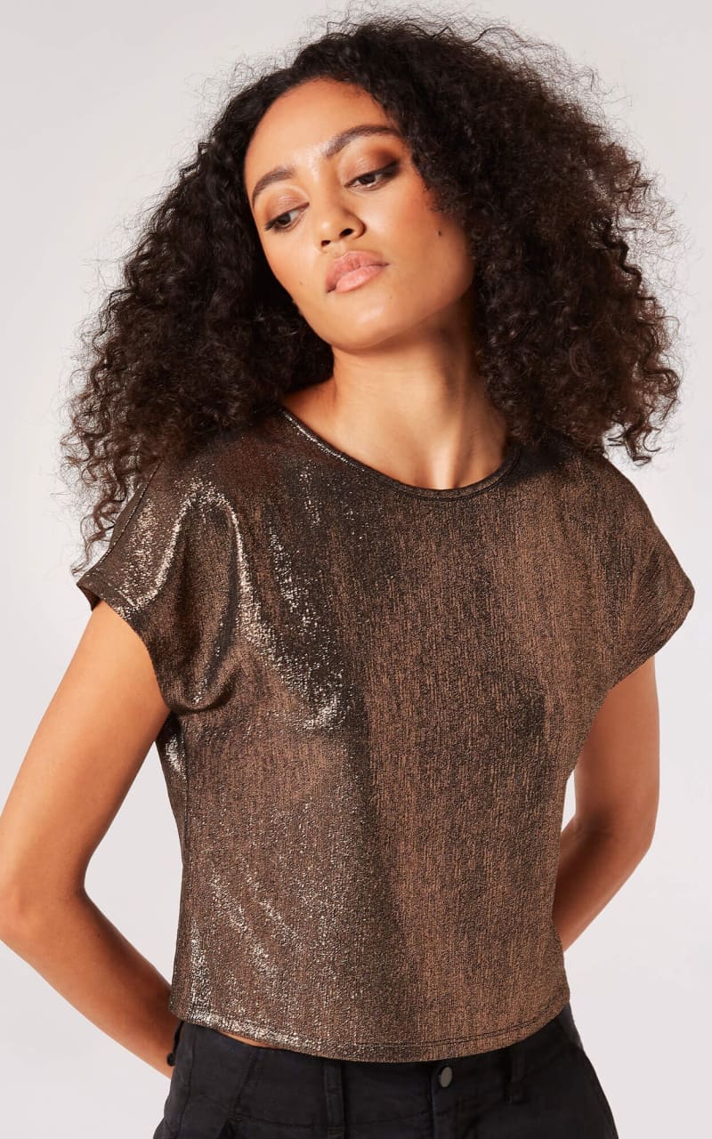 Apricot - Solid Sparkle Boxy Cropped Tee - Shirts & Tops