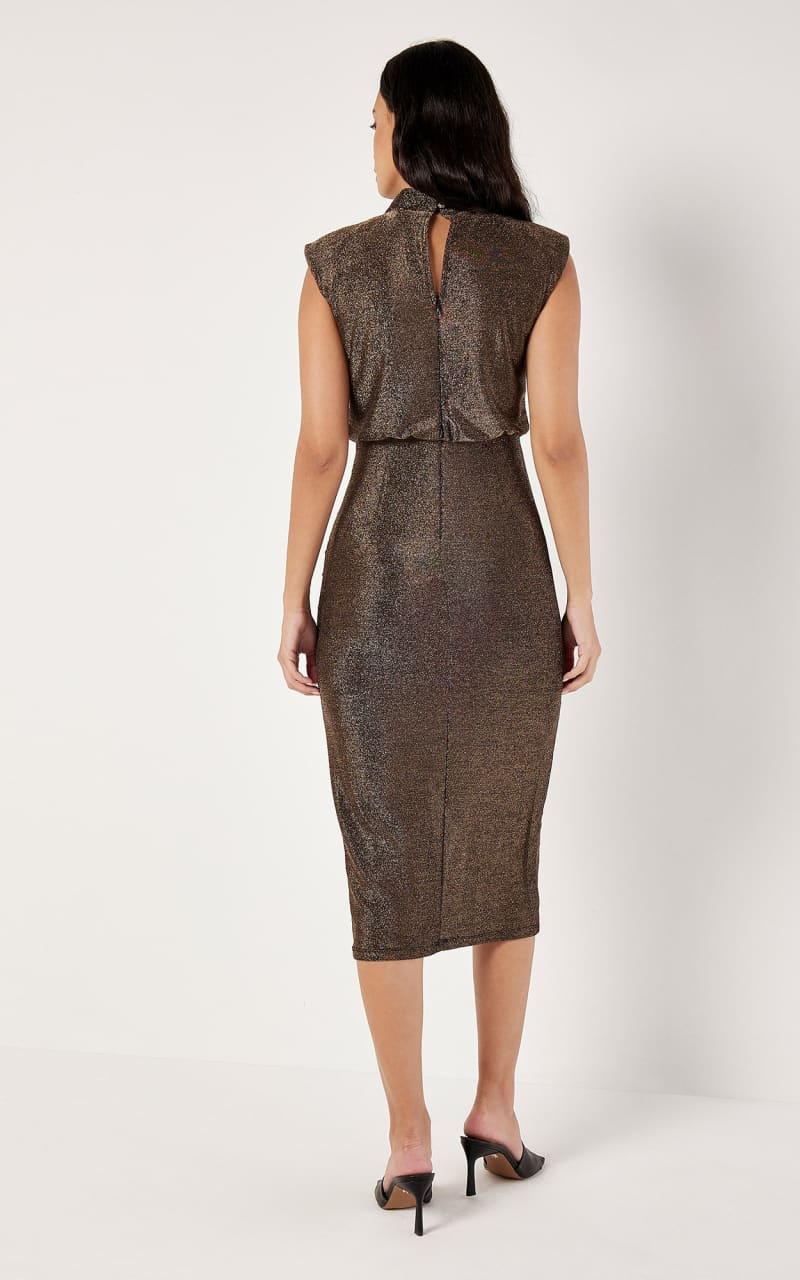 Apricot - Sparkle Mock Neck Rouched Dress