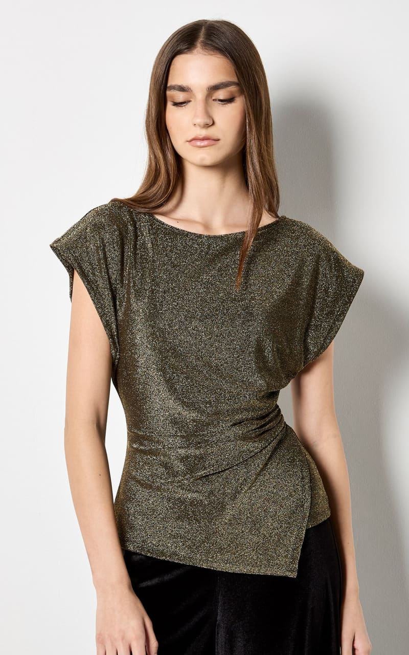 Apricot- Sparkle Side Ruched Wrap Top in Gold - Blouses &