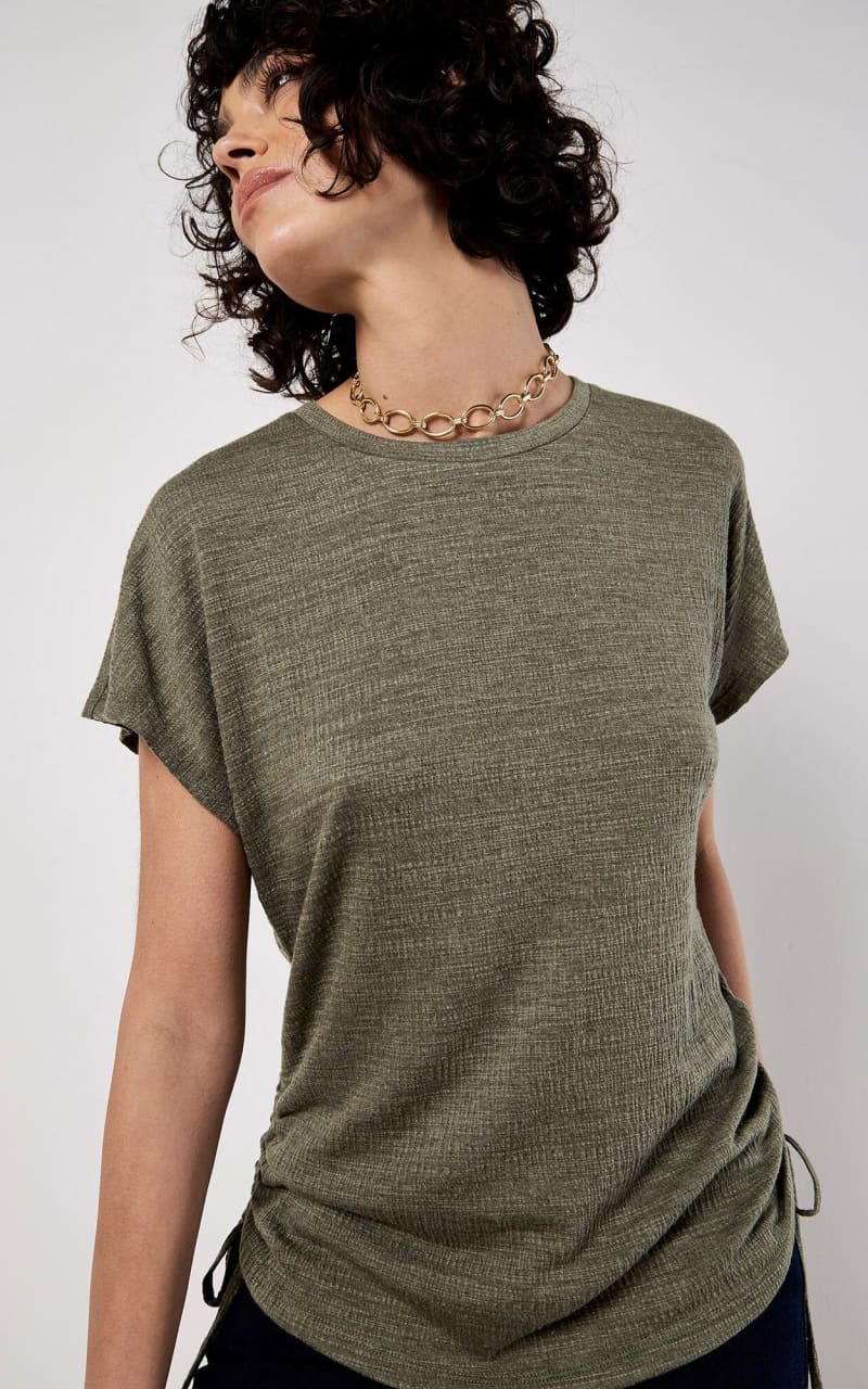 Apricot- Textured Jersey Side Ruched T-Shirt in Khaki