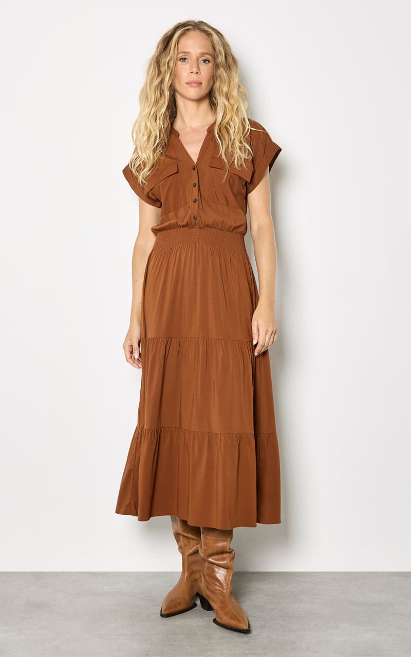 Apricot- Tiered Utility Midaxi Dress in Rust - DRESS