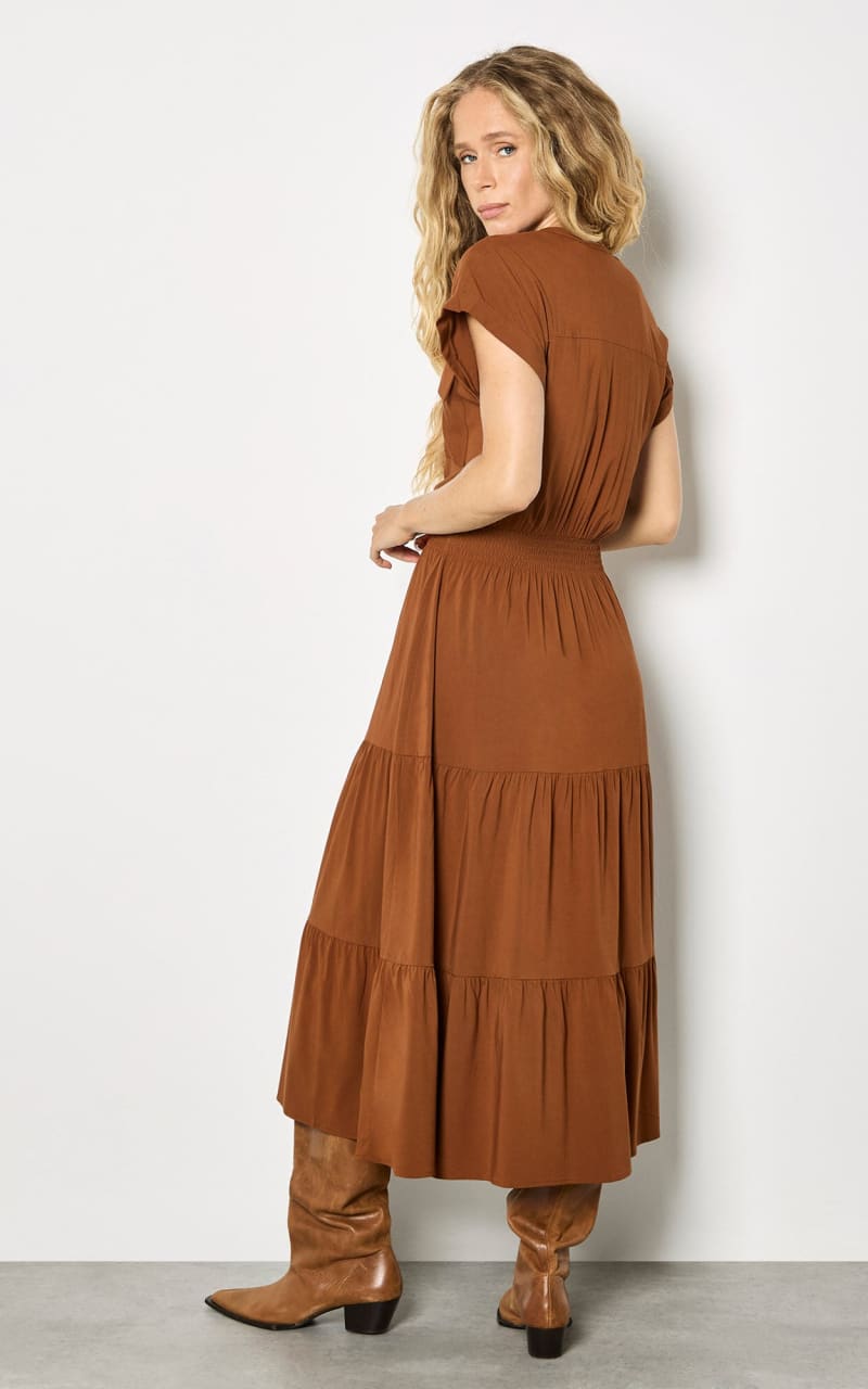 Apricot- Tiered Utility Midaxi Dress in Rust - DRESS