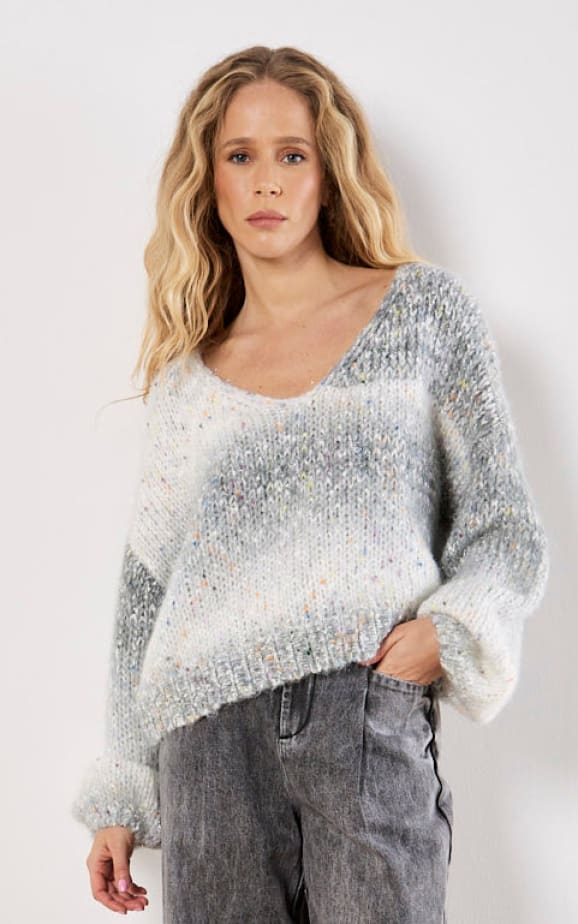 Apricot- Tinsel Fleck V-neck Fisherman Jumper - SWEATER &
