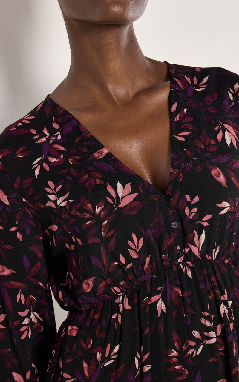 Apricot - Trailing Leaves Tier Button Dress in Burgundy