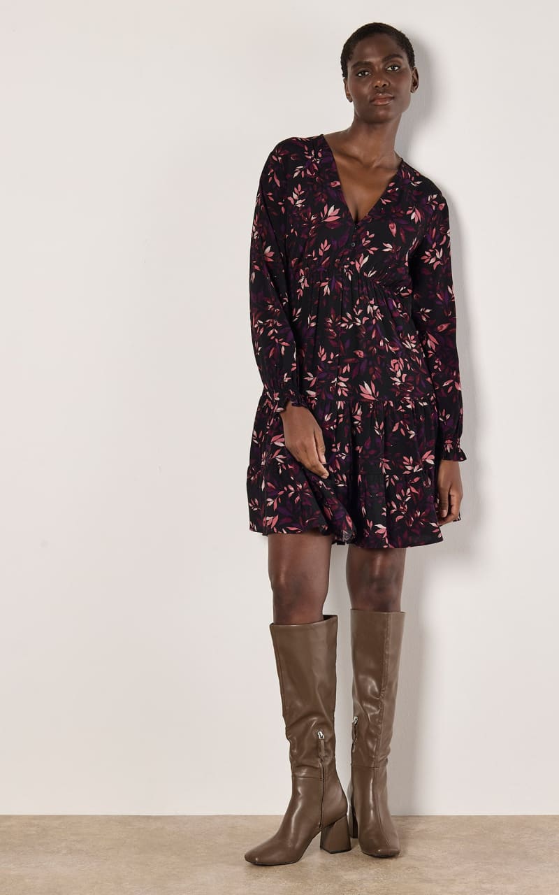 Apricot - Trailing Leaves Tier Button Dress in Burgundy